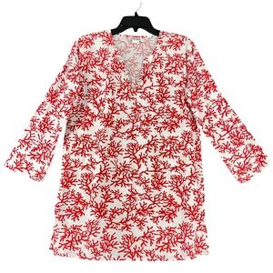 Lexi York‎ Coral Print Tunic Top Coastal Red White S Women Resortwear
